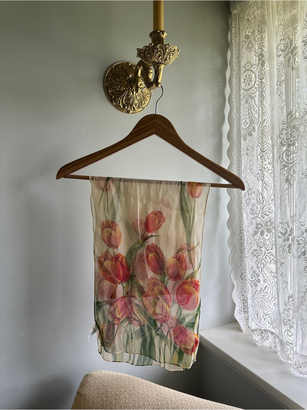 Talbots Vintage Silk Tulip Print Scarf - Peach & Green Floral